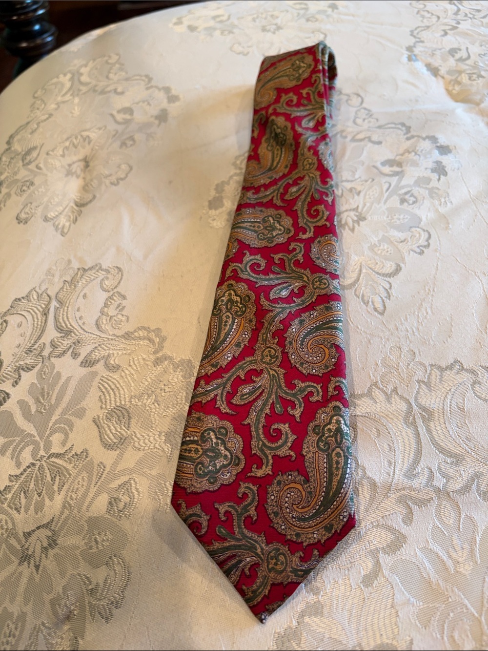 Halston Heritage Red Paisley Tie with Gold and Green Accents